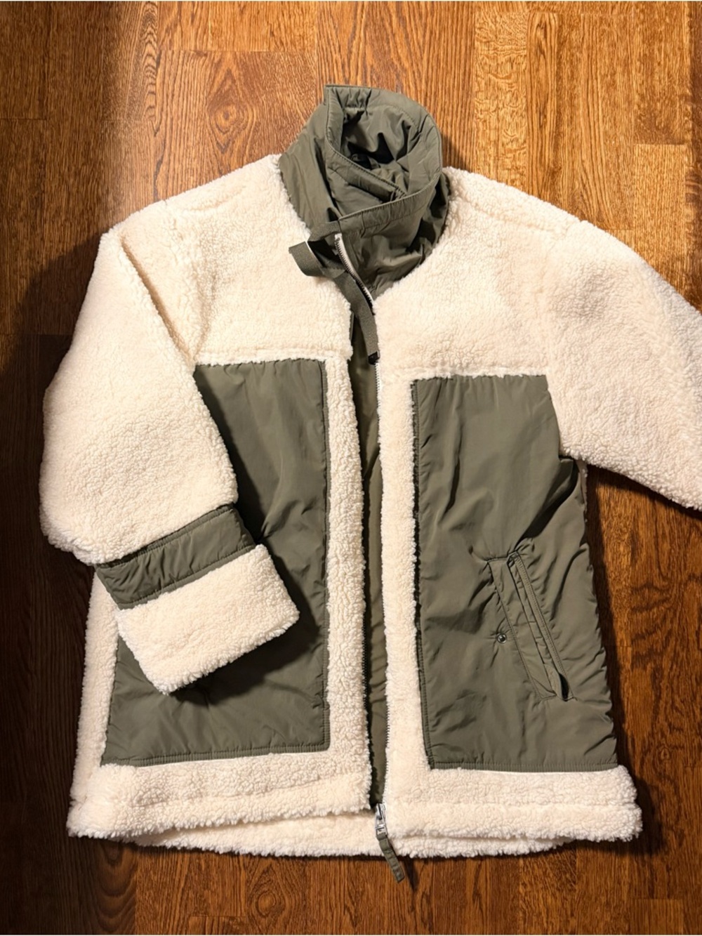 Anthropologie Cream Sherpa Coat with Olive Quilted Panels